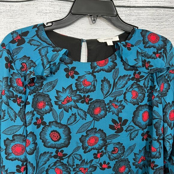 Hashttag Blue Floral Ruffle Long Sleeve Dress With Keyhole Back & Layered Bell S - Picture 2 of 4